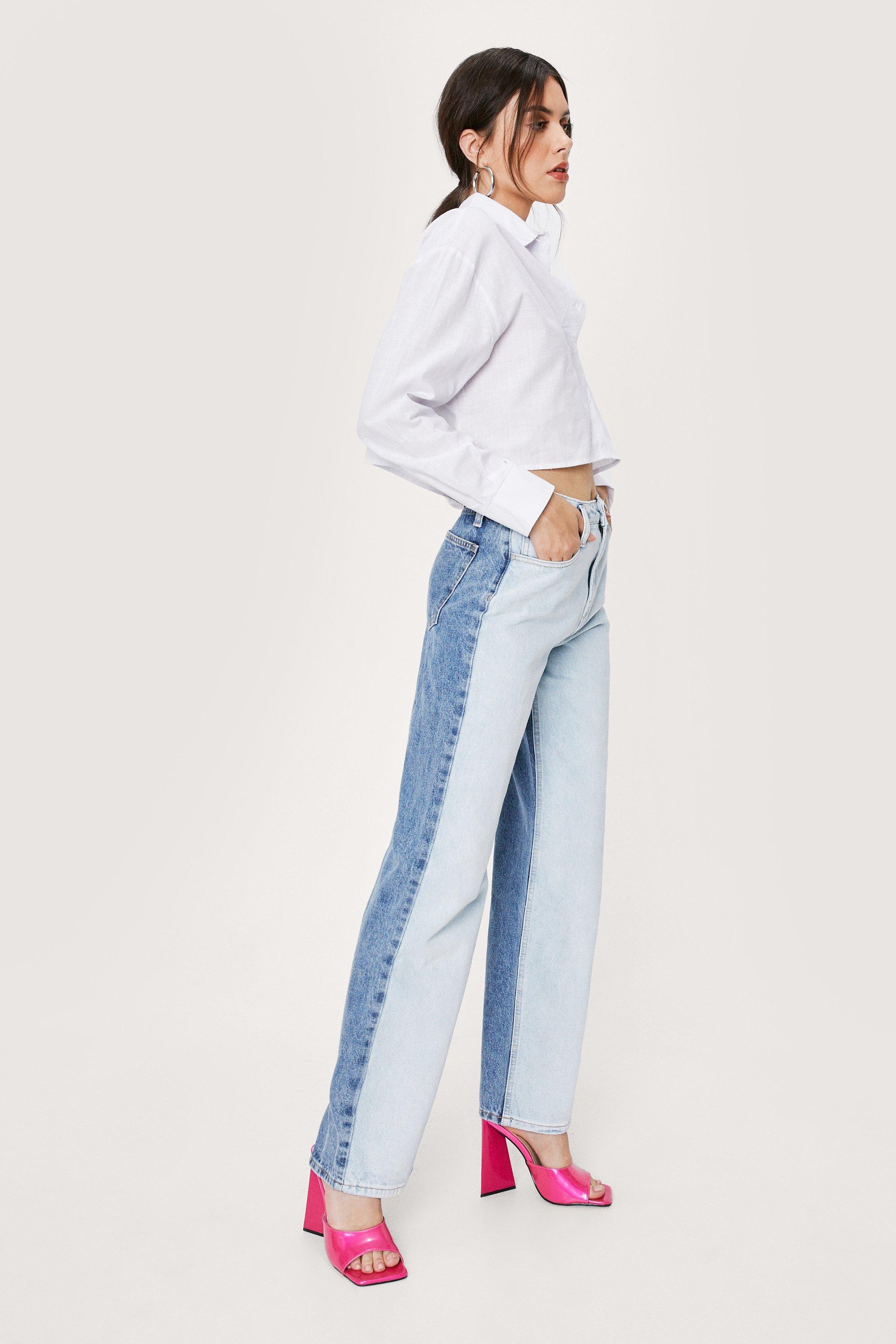 High Waisted Color Block Straight Leg Jeans